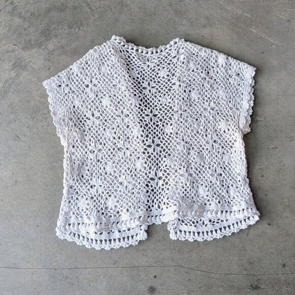 Dressbarn White Open Knit Crochet Short Sleeve Cardigan Sweater size XL - Picture 8 of 8